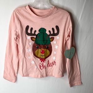 NWT Four Hearts Christmas Reindeer Girl’s’ Long Sleeve Shirt. Pink Green white